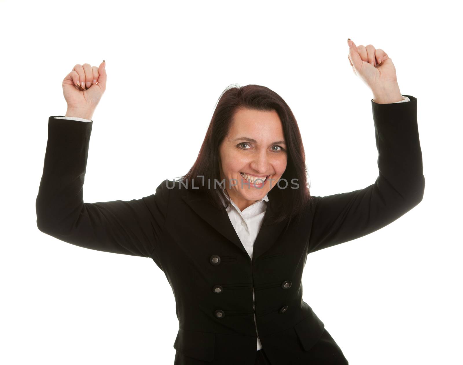 Excited businesswoman celebrating success. Isolated on wihte