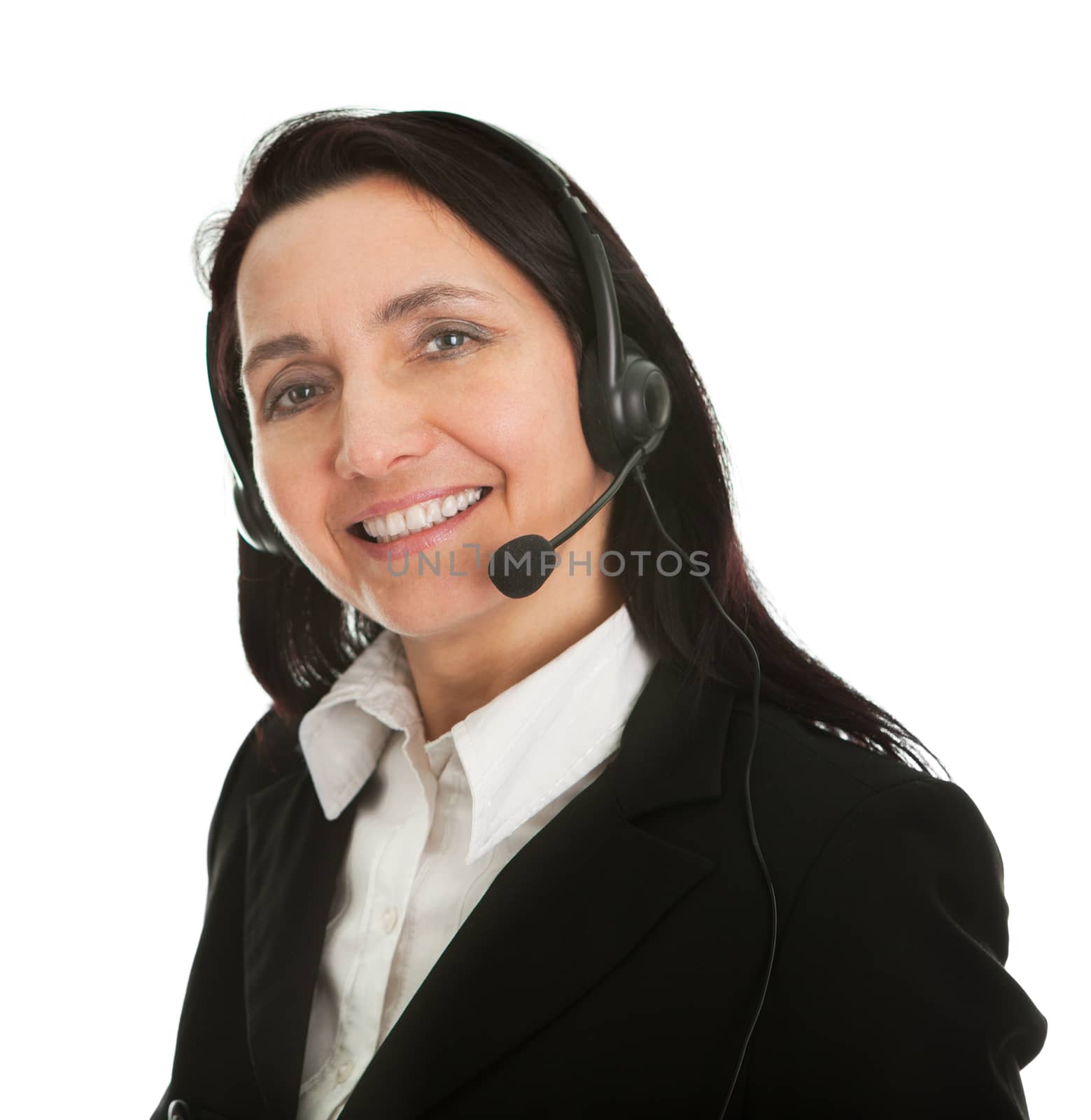 Cheerfull call center operator. Isolated on white