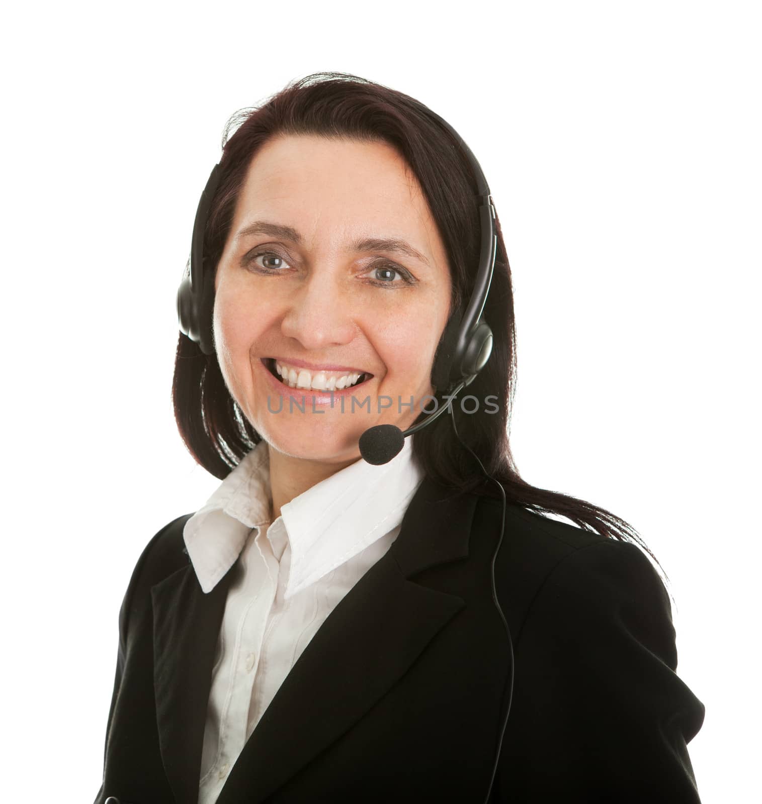 Cheerfull call center operator. Isolated on white