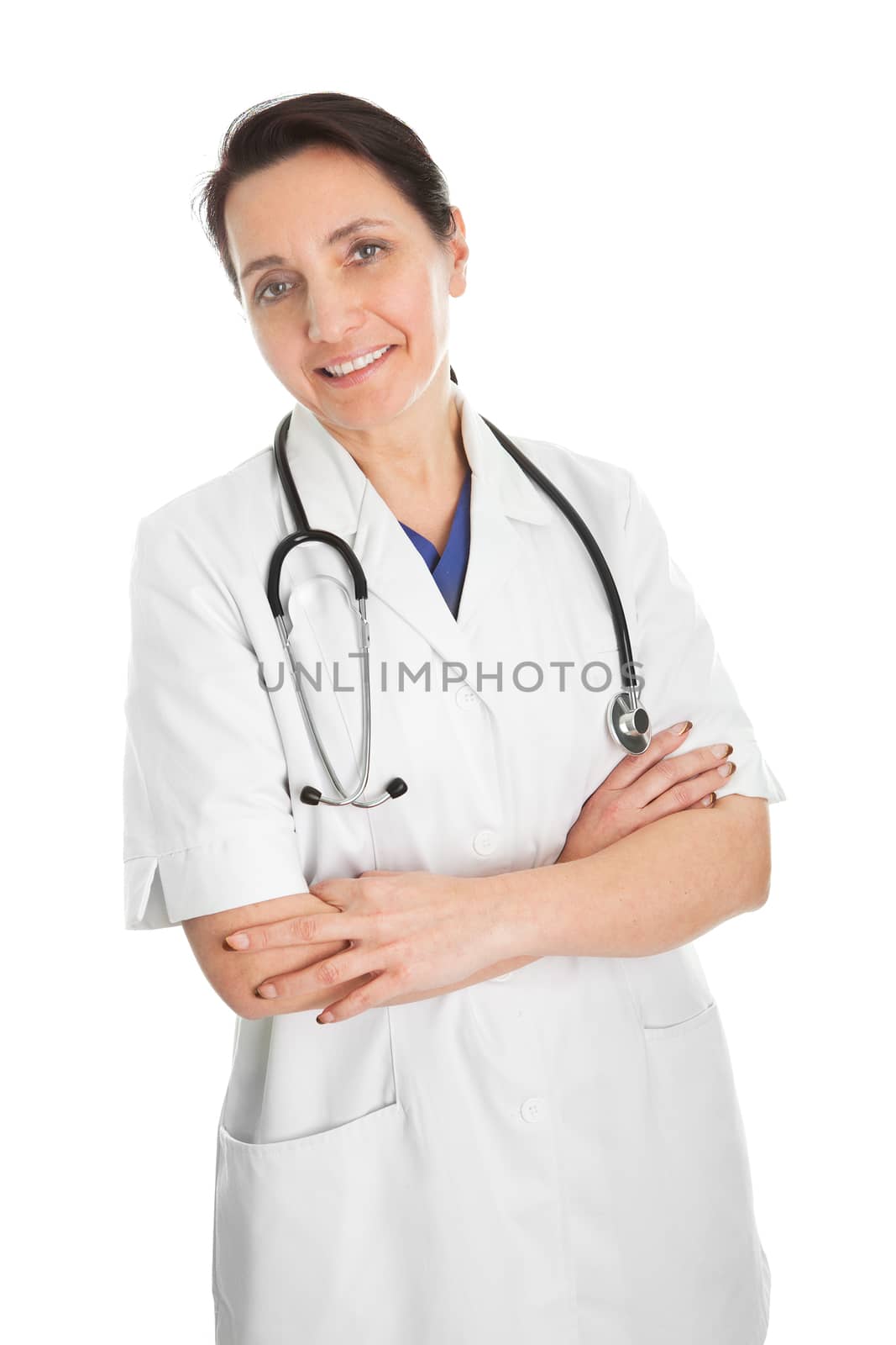 Smiling medical doctor woman with stethoscope. Isolated on white