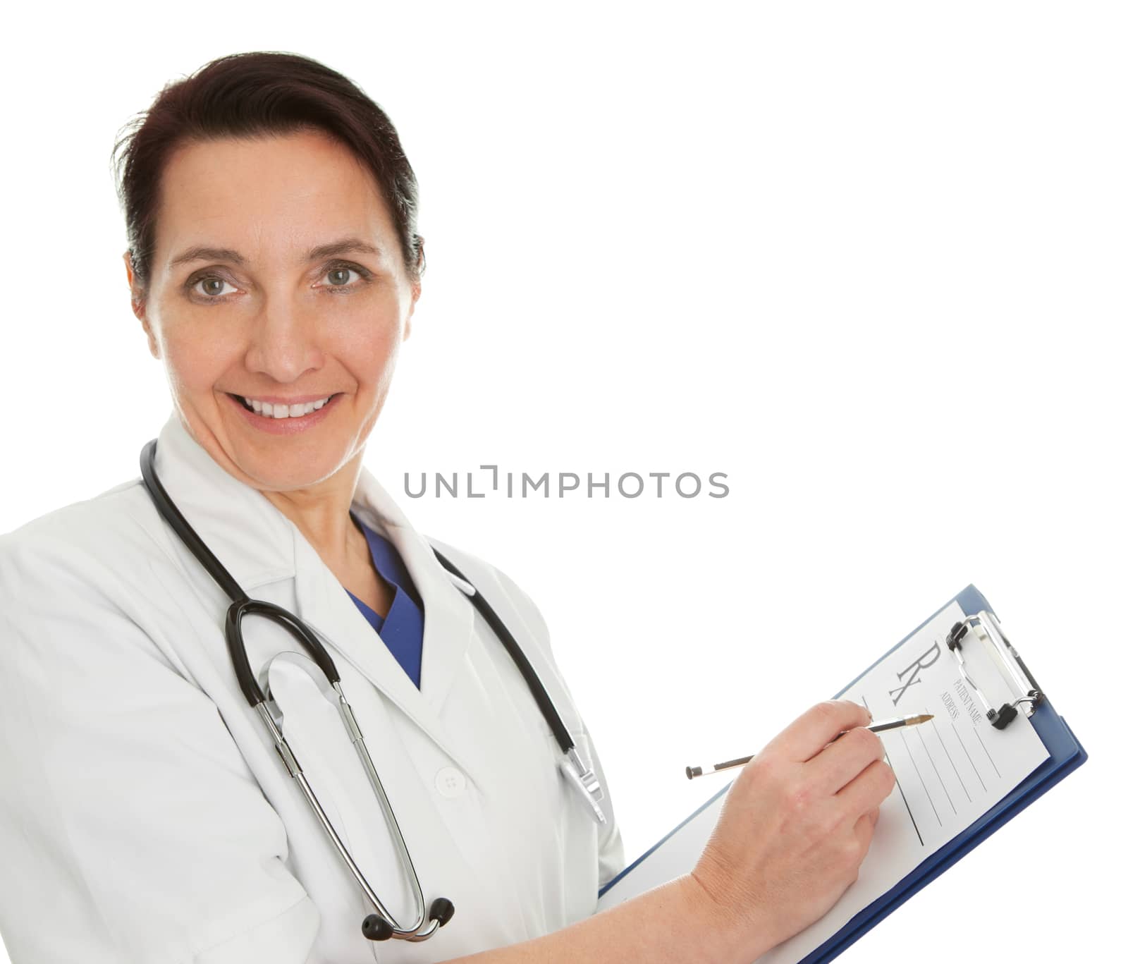 Cheerful medical doctor woman filling out prescription. Isolated on white