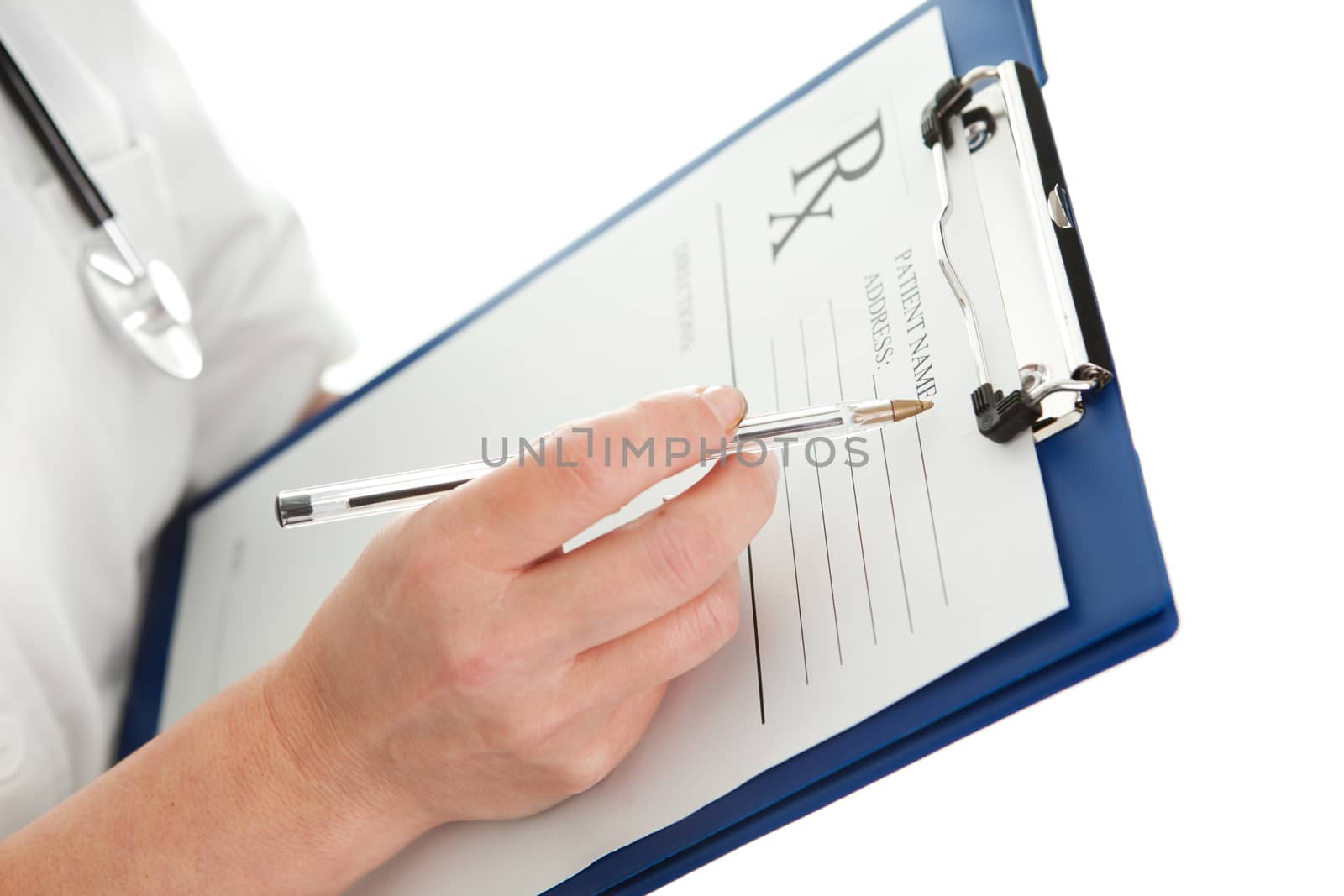 Cheerful medical doctor woman filling out prescription. Isolated on white