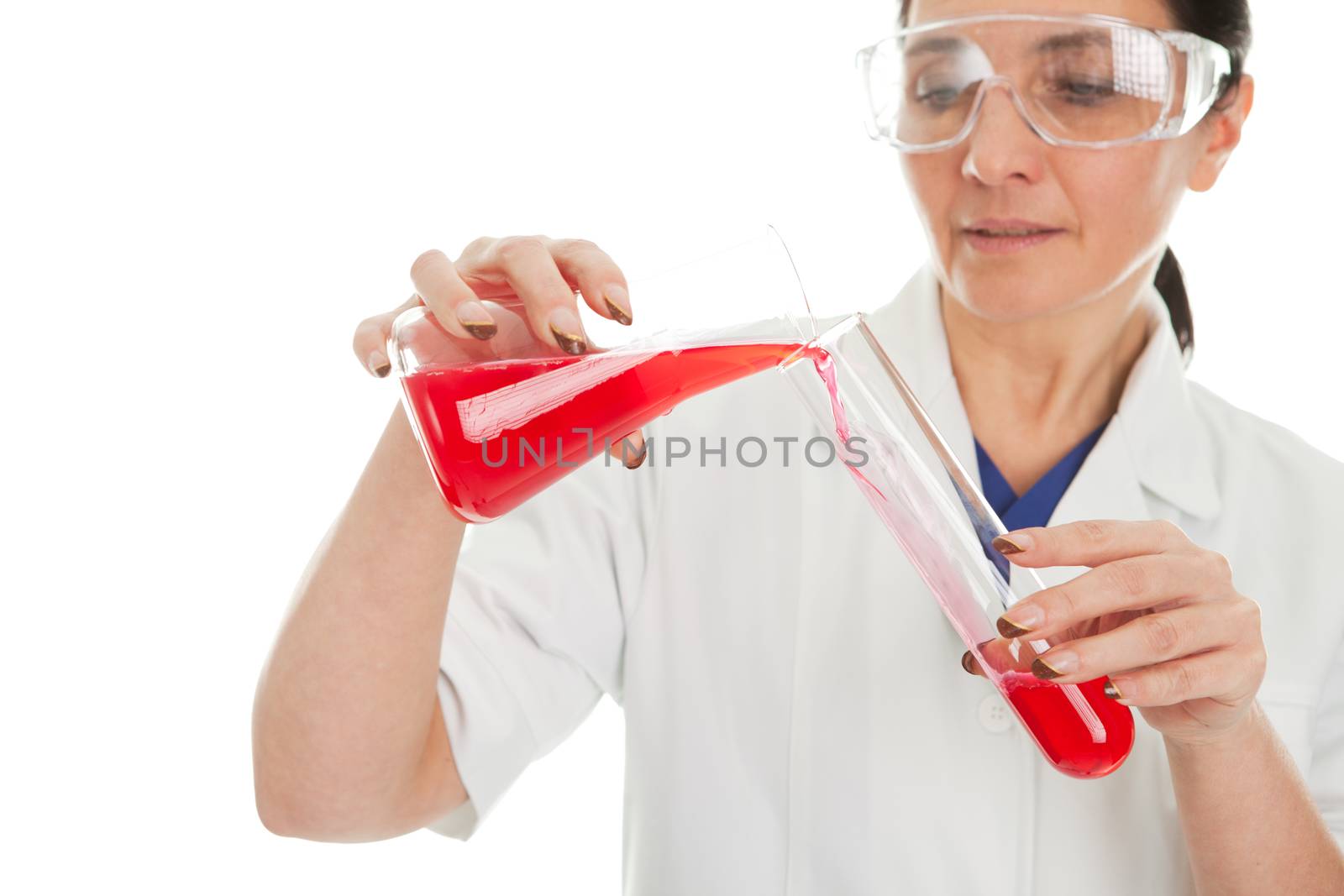 Woman involved in chemical research. Isolated on white