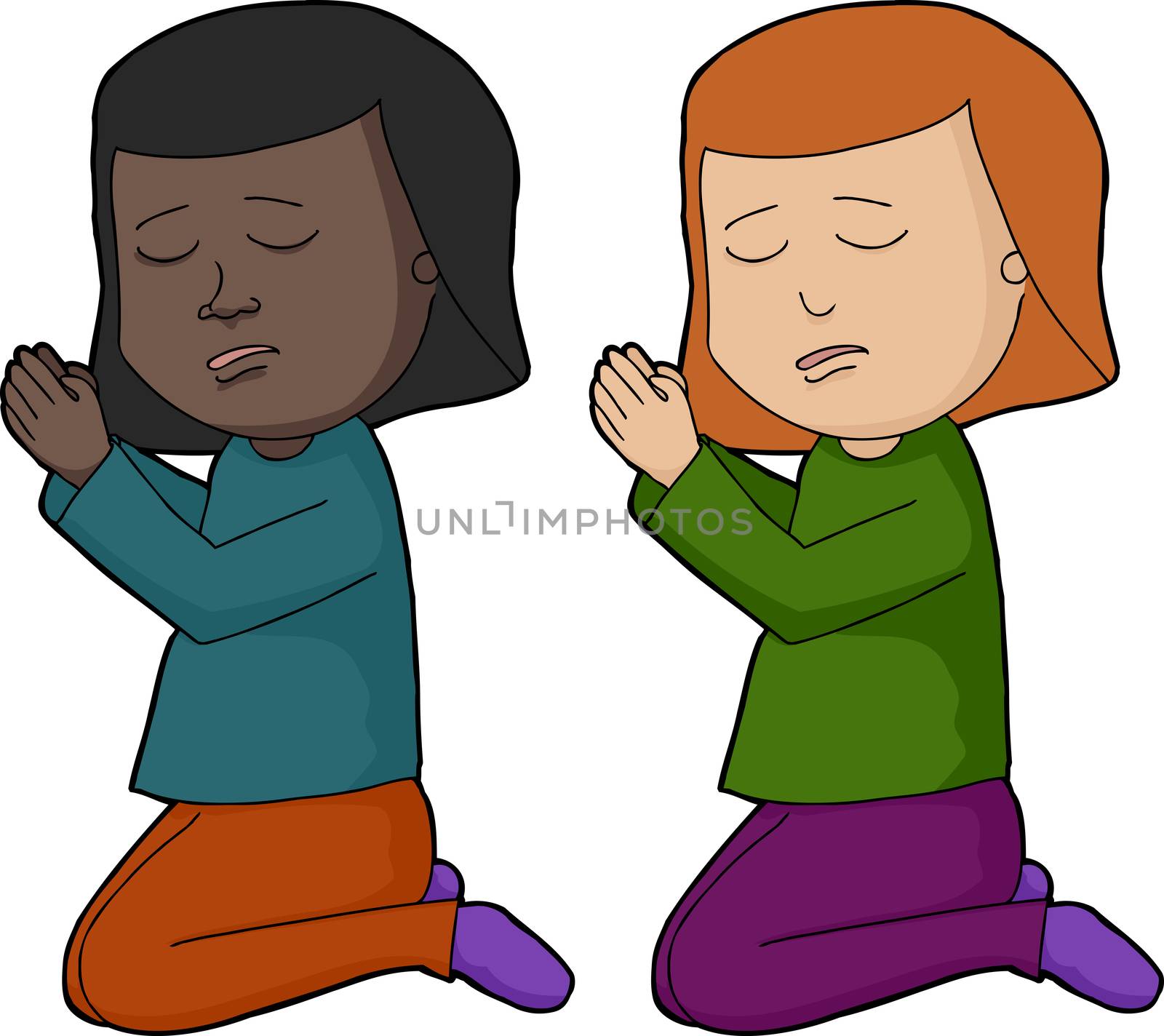 Girl with palms together and eyes closed in prayer over white