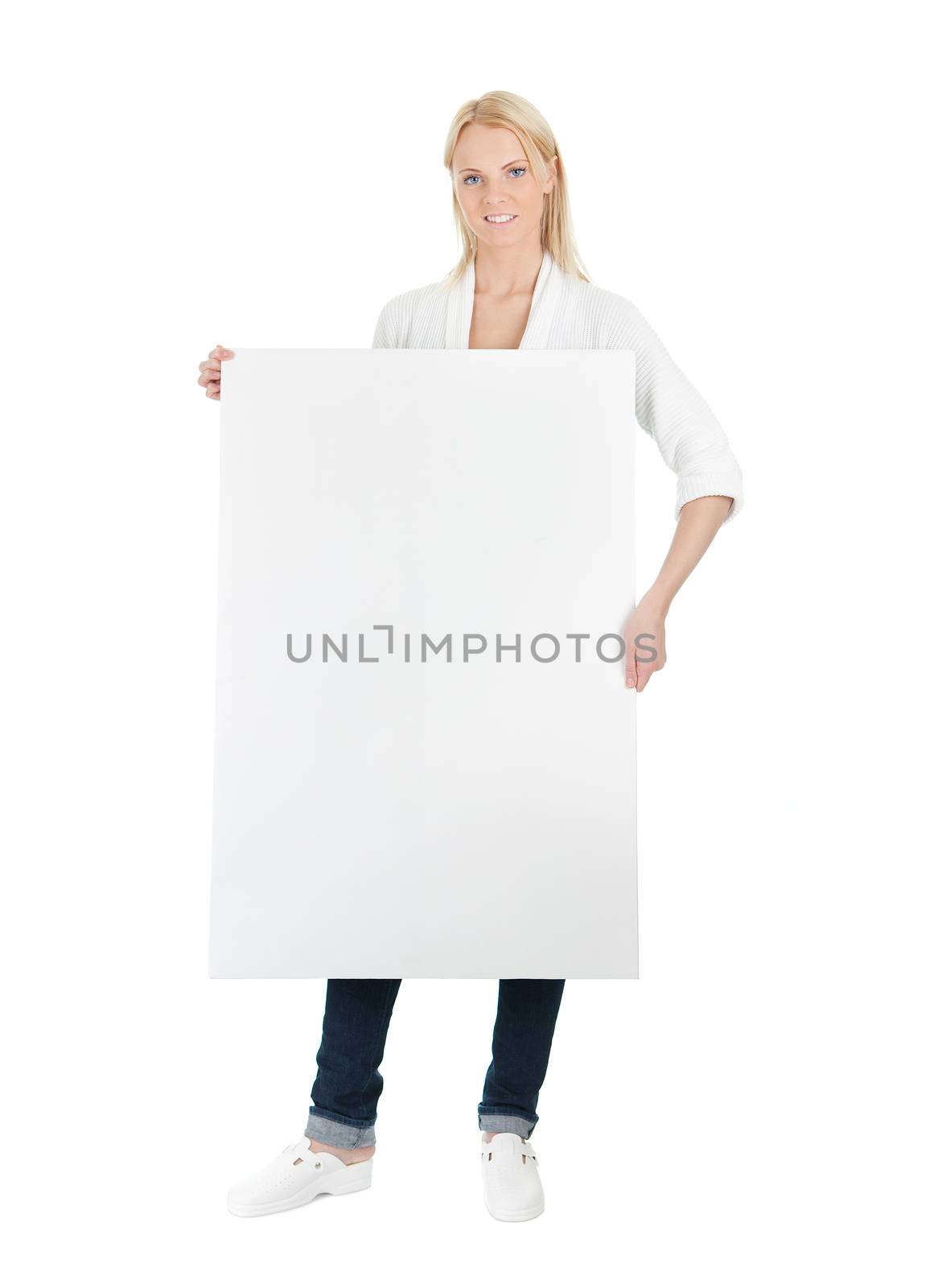 Beautiful young woman presenting empty banner. Isolated on white