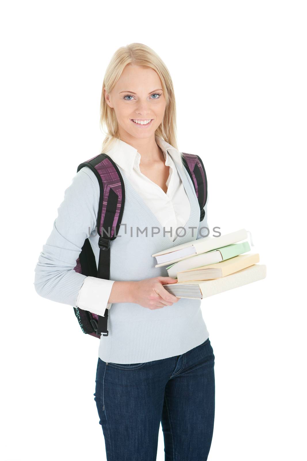 Portrait of beautiful student girl with books. Isolated on white