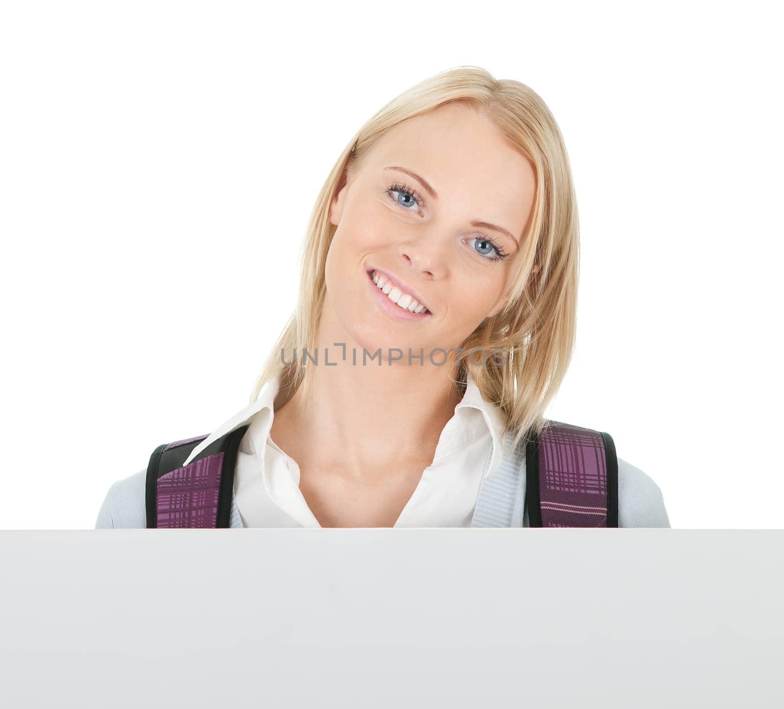 Beautiful student girl presenting empty banner. Isolated on white
