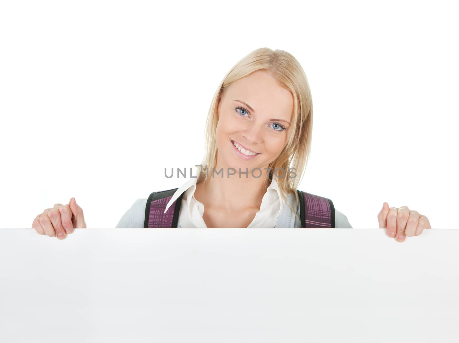 Beautiful student girl presenting empty banner. Isolated on white