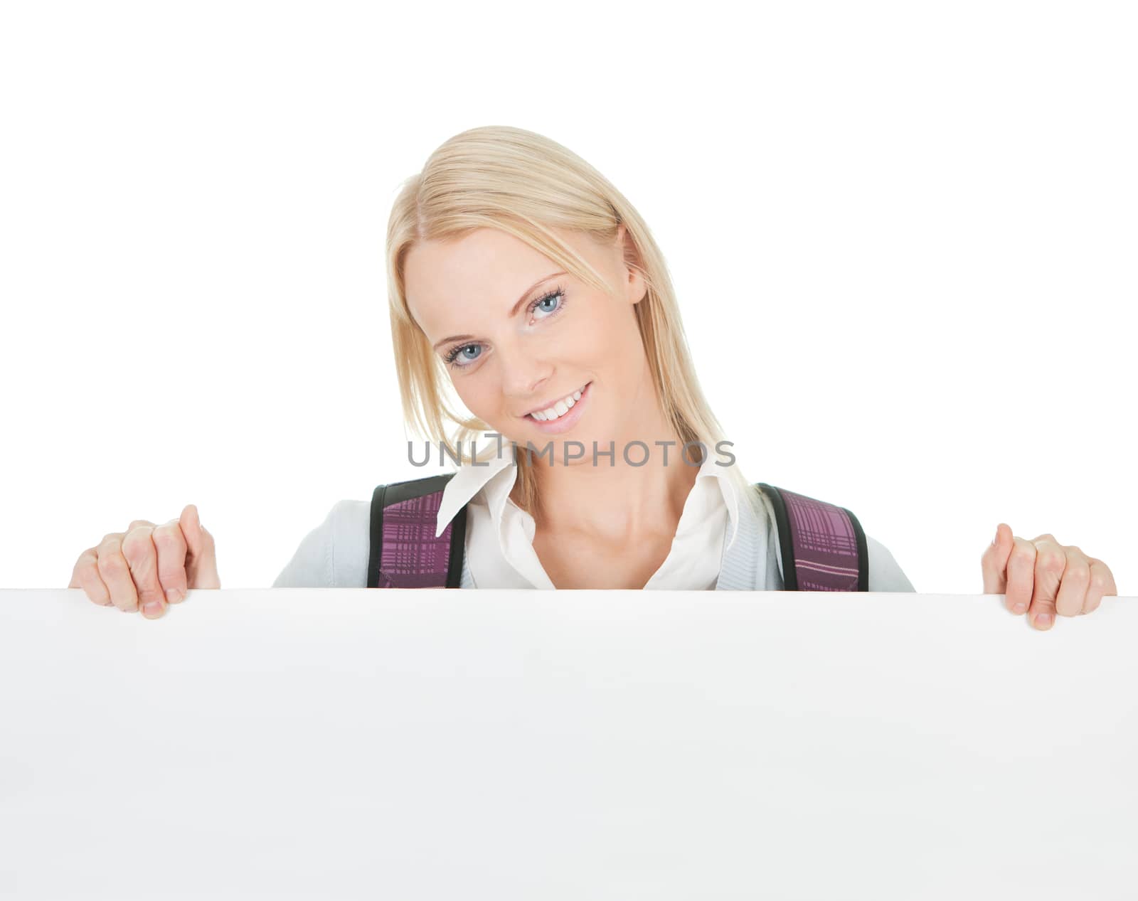 Beautiful student girl presenting empty banner. Isolated on white