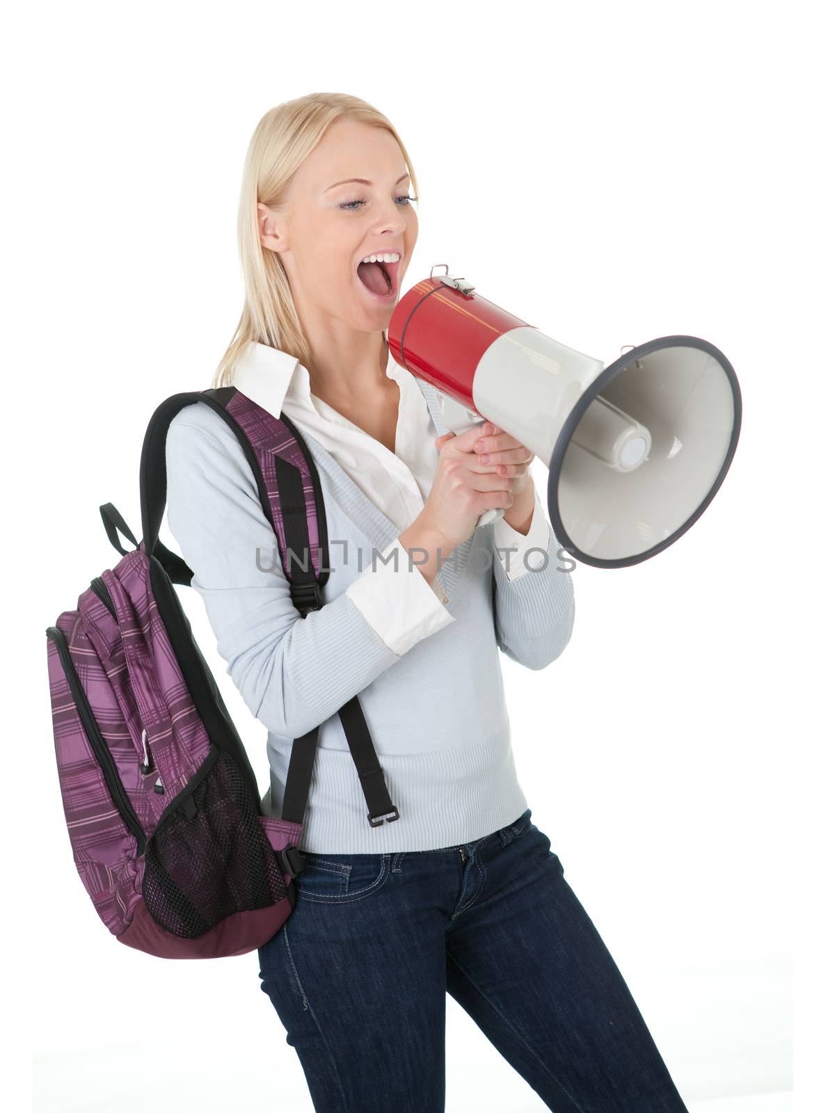 Beautiful student girl shouting in megaphone by AndreyPopov