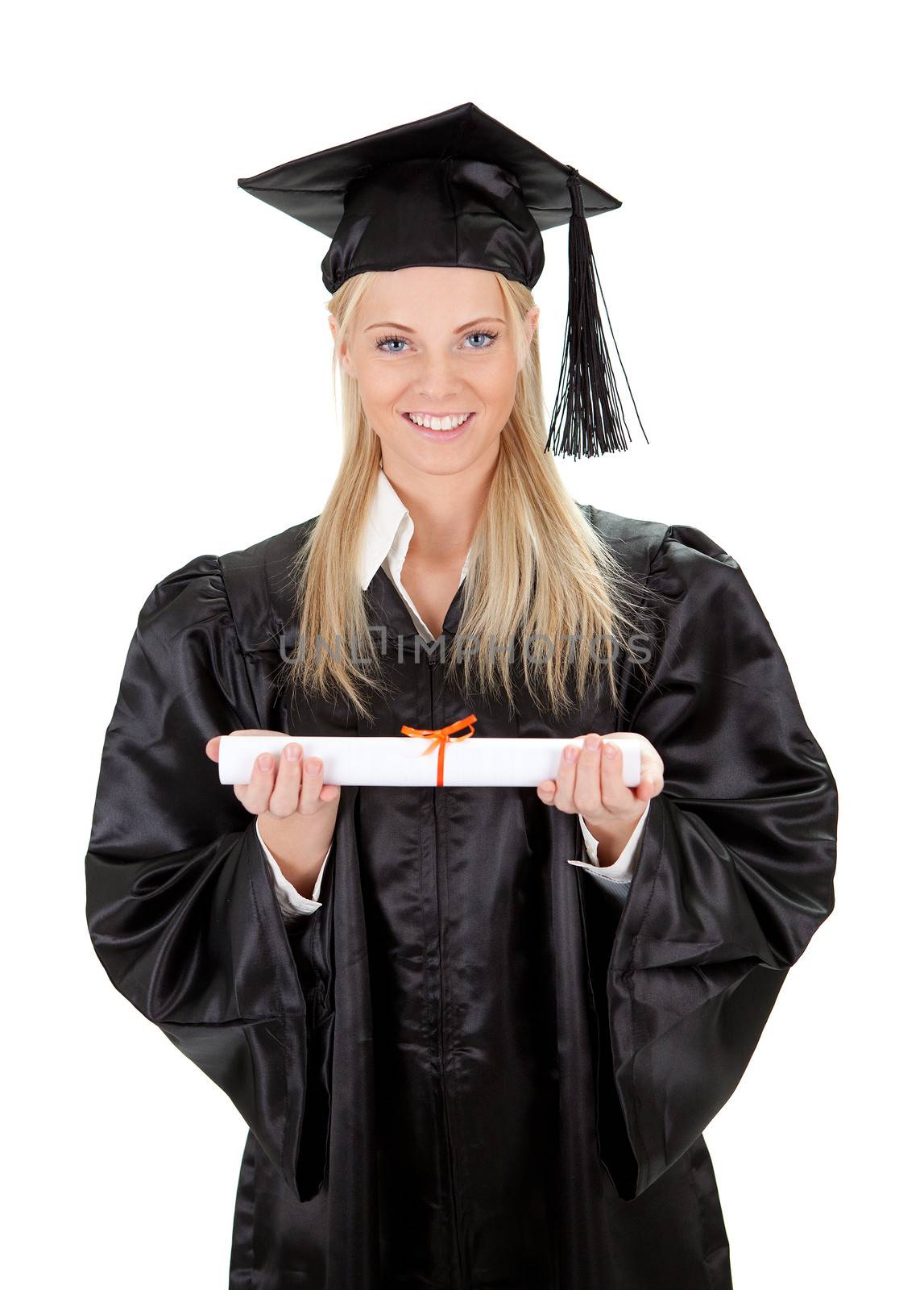 Beautiful female student graduating. Isolated on white