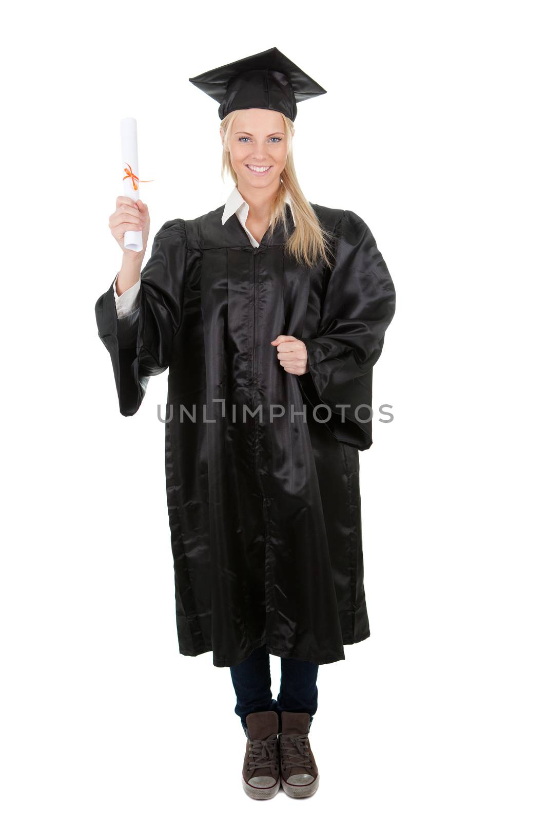 Beautiful female student graduating. Isolated on white