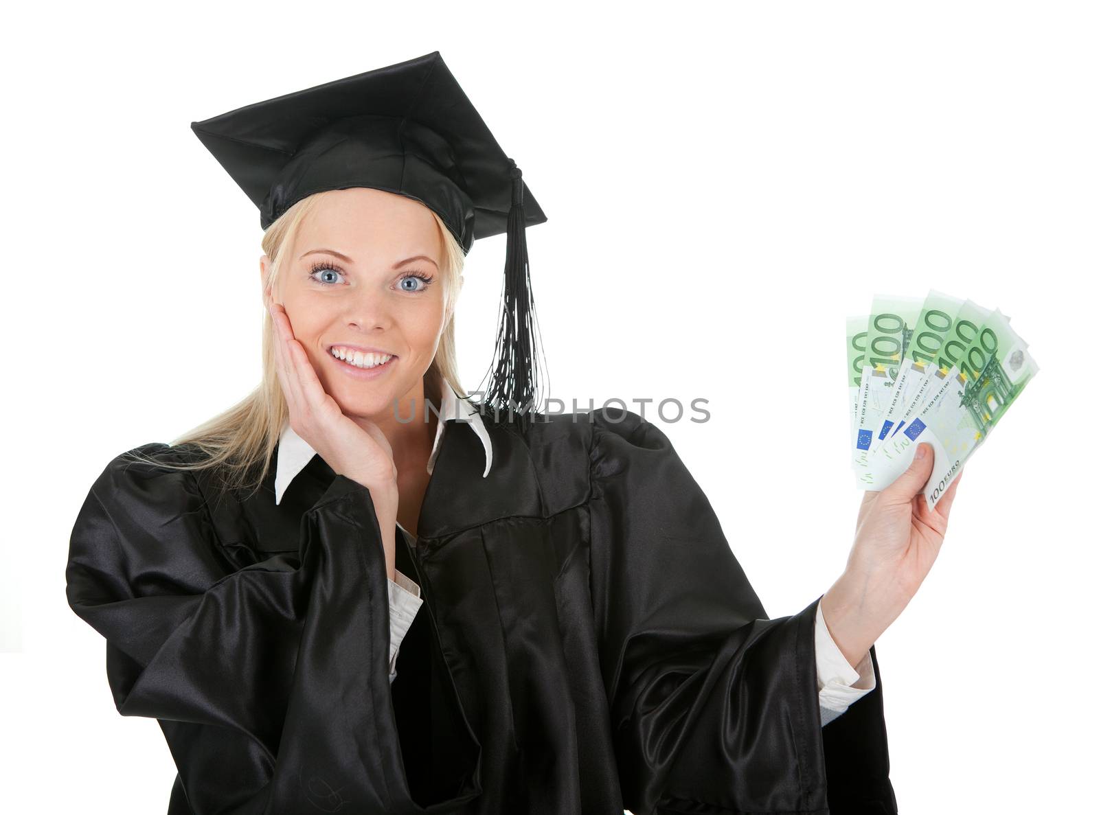 Female graduate student holding money. Isolated on white