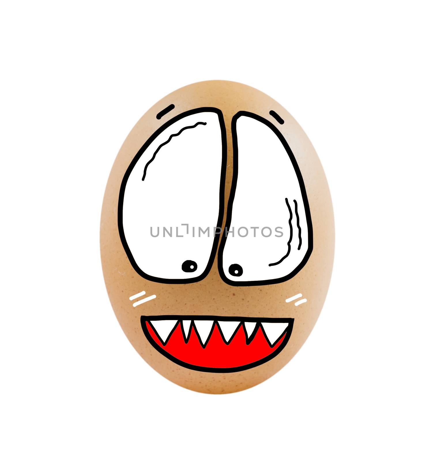   brown egg  with ghost face on white background .