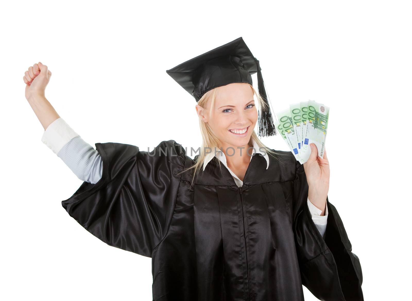 Female graduate student holding money. Isolated on white