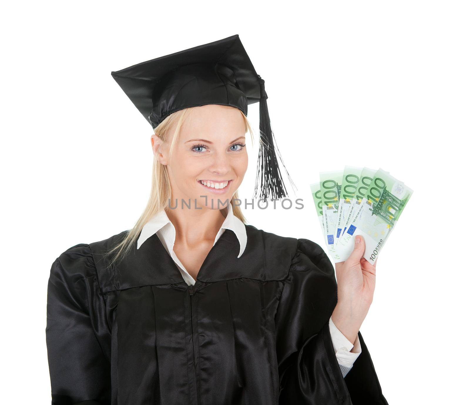 Female graduate student holding money. Isolated on white