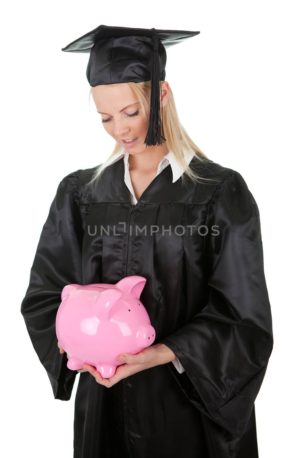 Female graduate student holding money by AndreyPopov