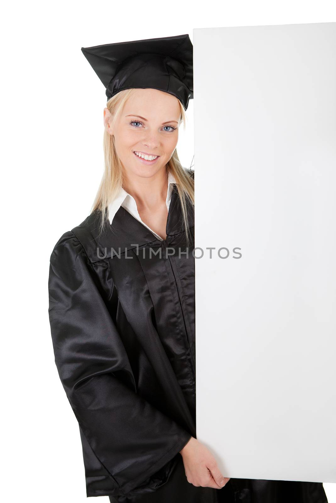 Female graduate student presenting empty board. Isolated on white