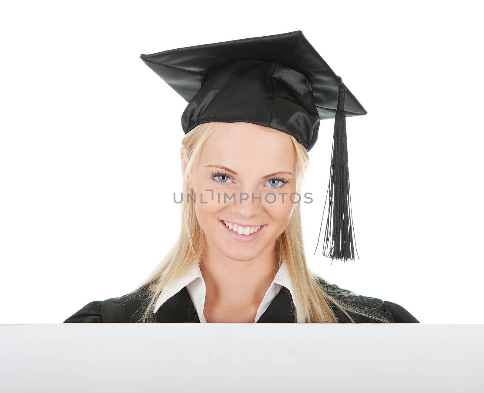 Female graduate student presenting empty board. Isolated on white