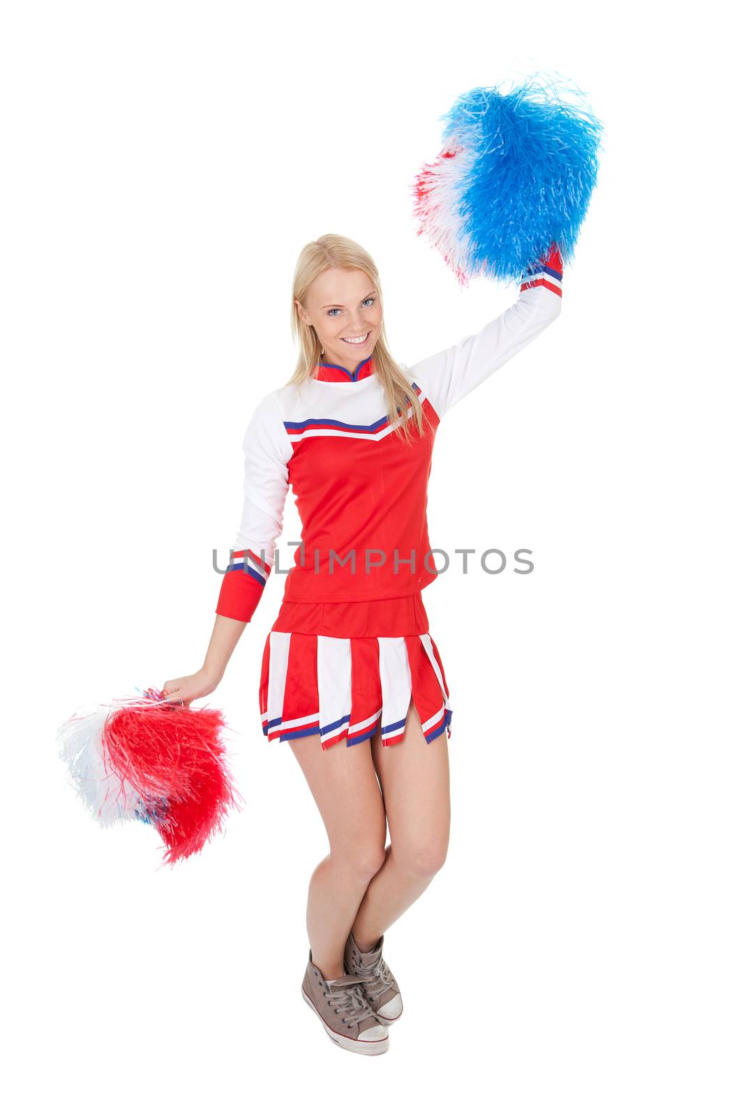 Smiling beautiful cheerleader with pompoms. by AndreyPopov