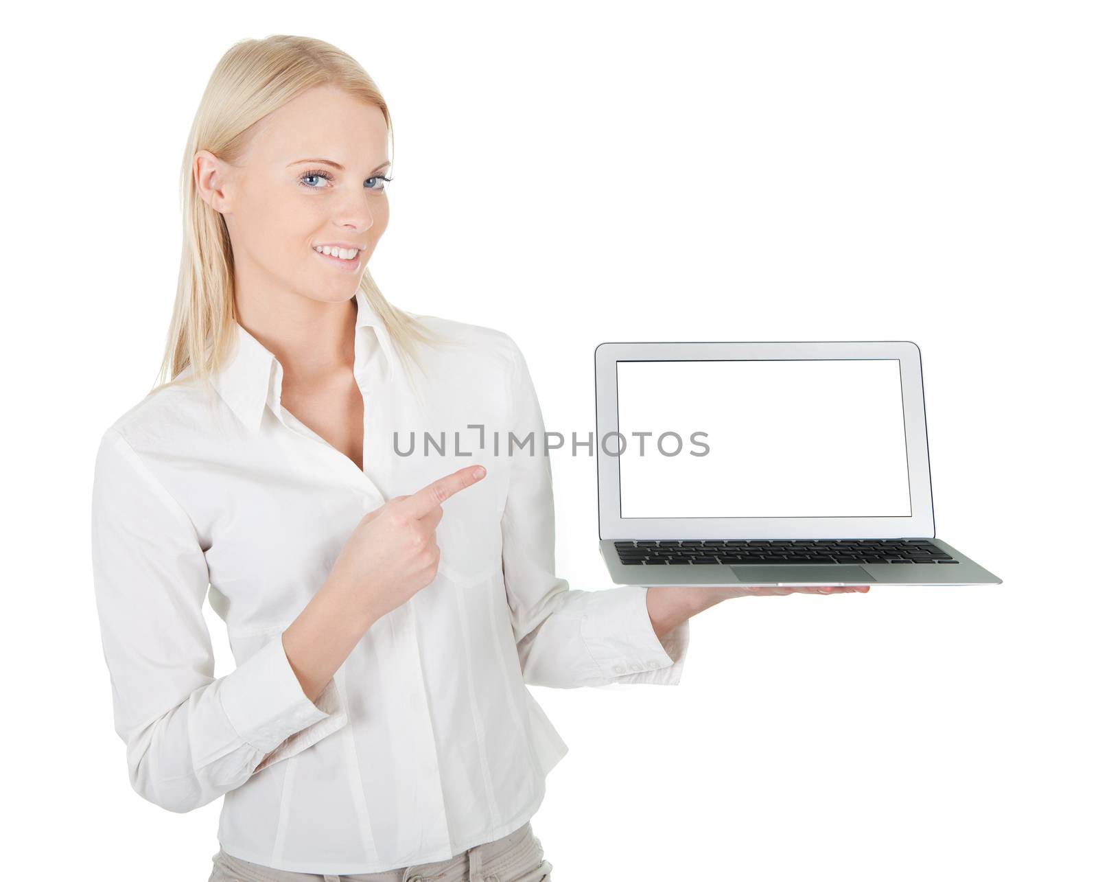 Business woman presenting laptop. Isolated on white