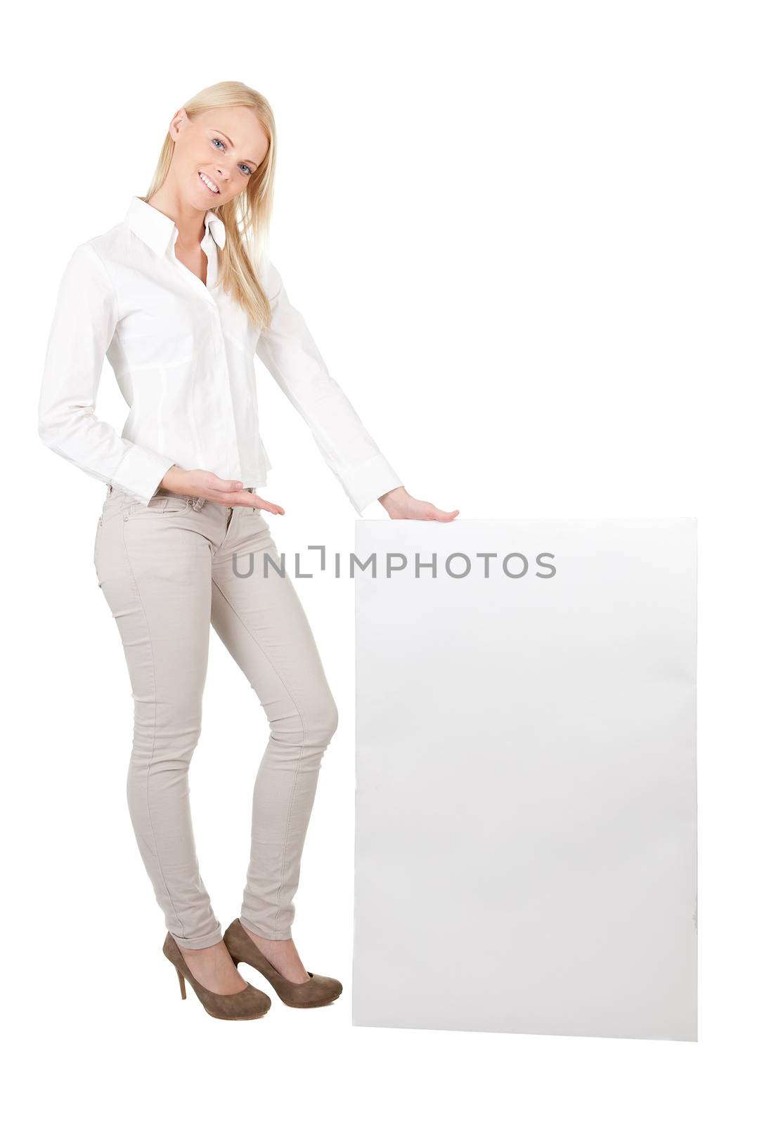 Cheerful businesswomen presenting empty board by AndreyPopov