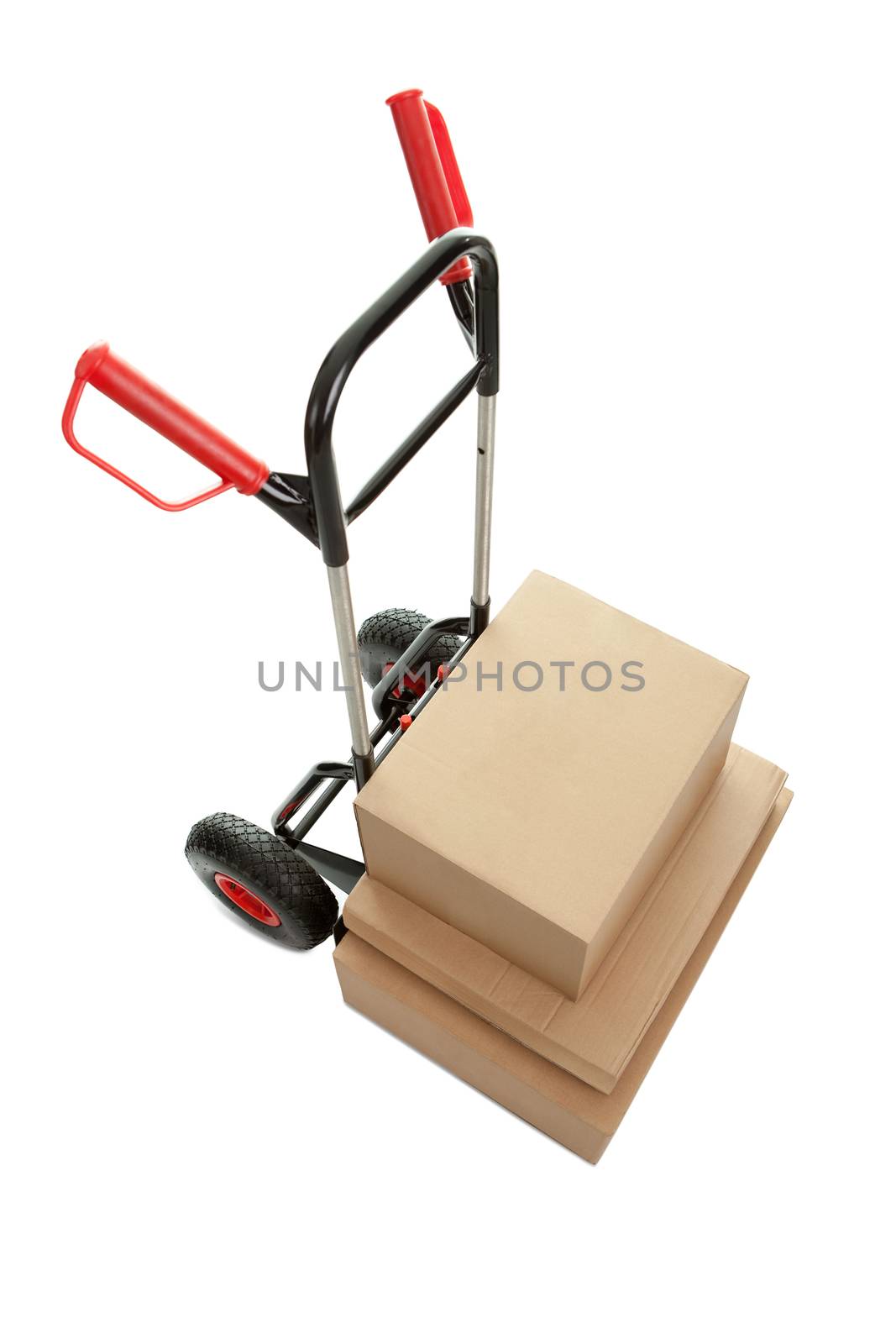 Top view of trolley with cardboard boxes on white background