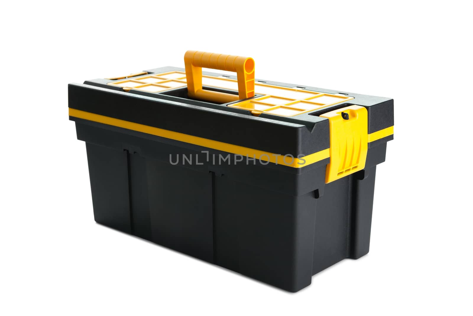 Black plastic box of tools isolated over white background