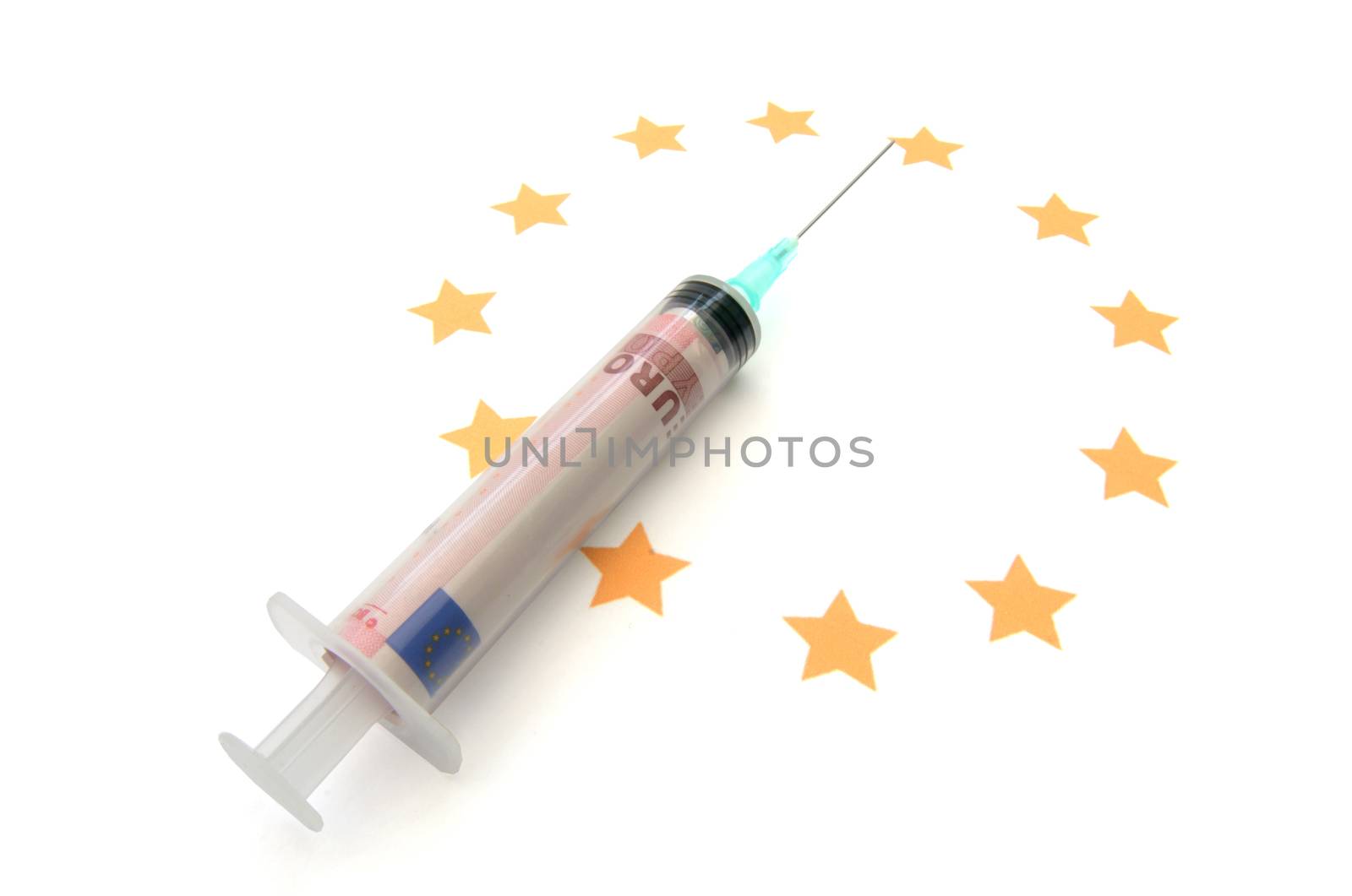 Injection needle containing euro banknotes on the euro stars symbolising a financial cash injection or bailout concept 