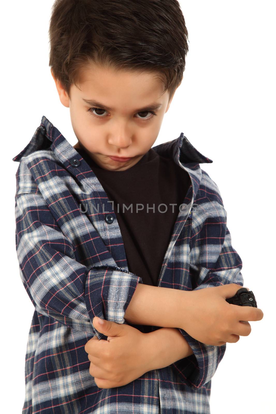 Young male boy with fear expression on white background