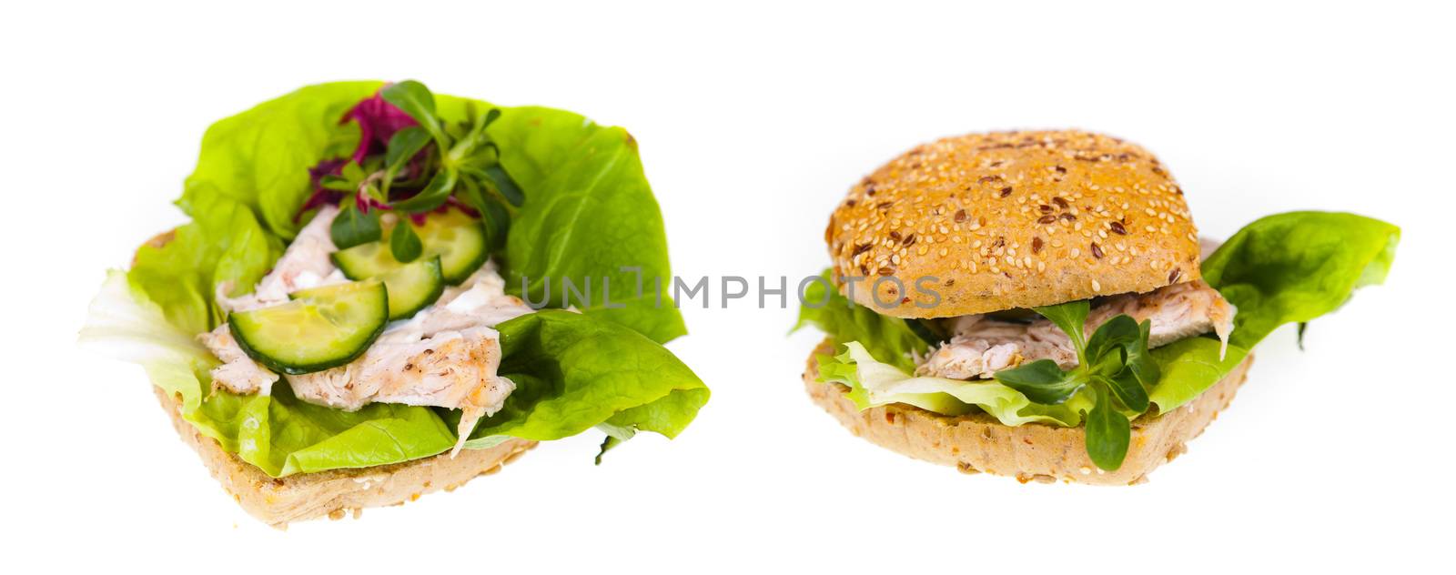 Delicious and healthy sandwich - two photos isolated on white