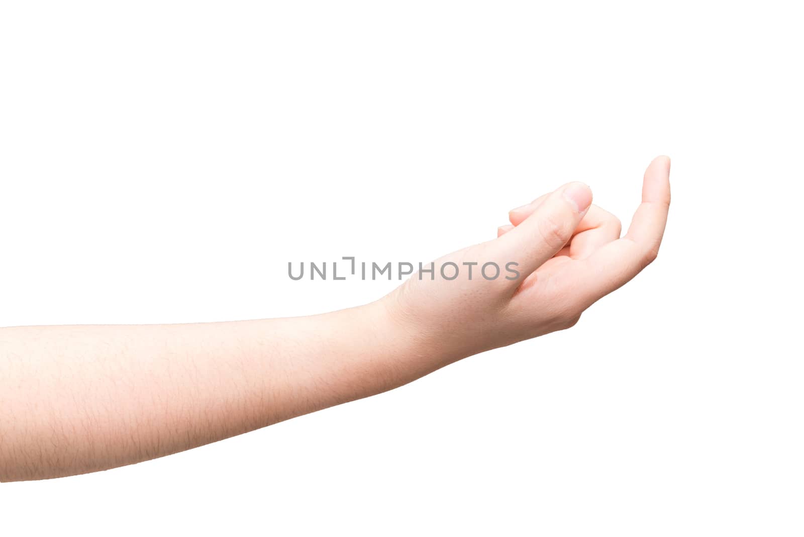 Human hand with curl index finger on light gray background