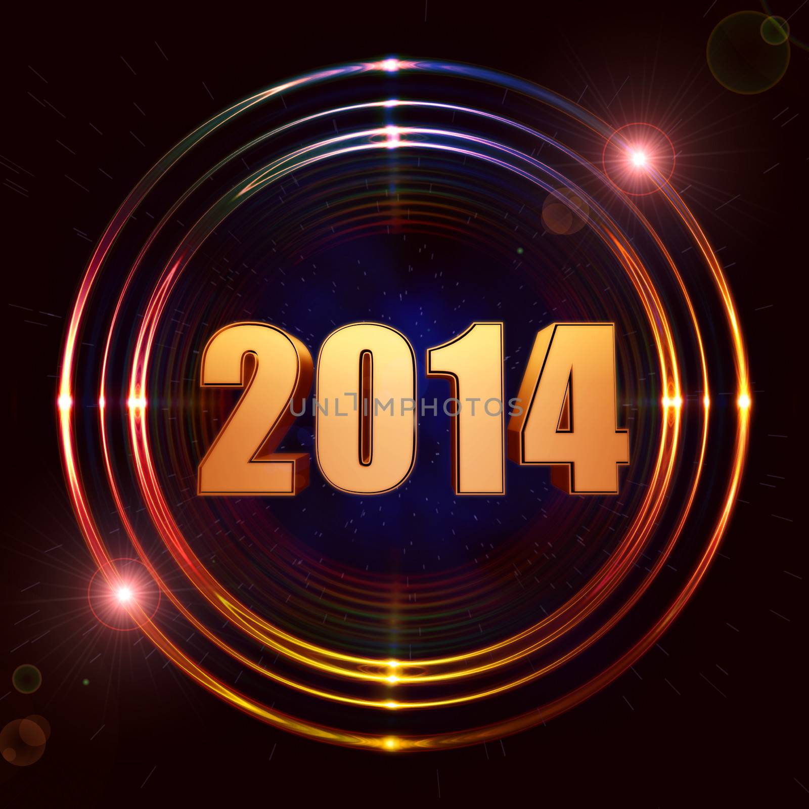 new year 2014 in abstract golden rings shining over dark background with stars and lights