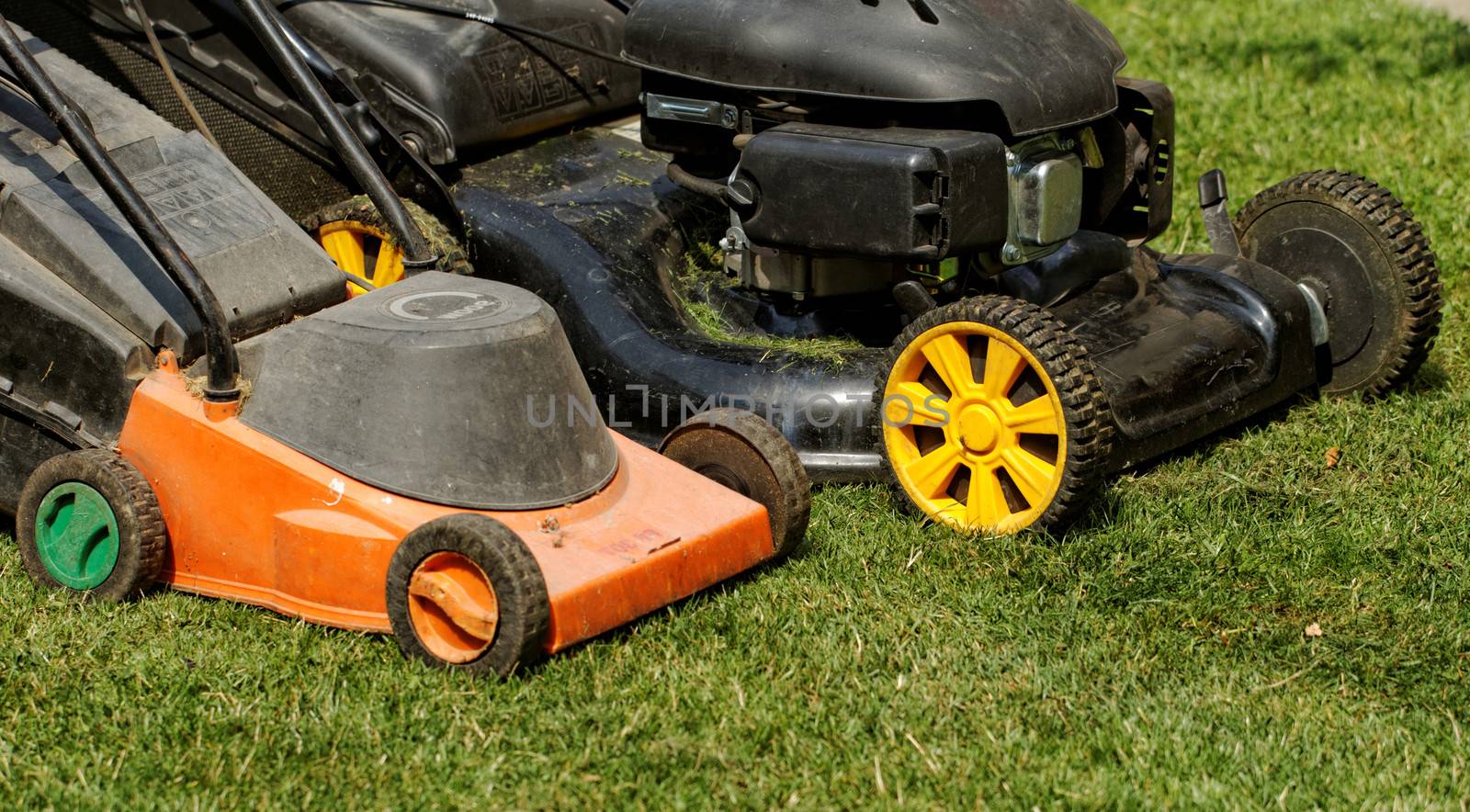 two lawnmower in the garden lawn the grass (fuel and electricity)