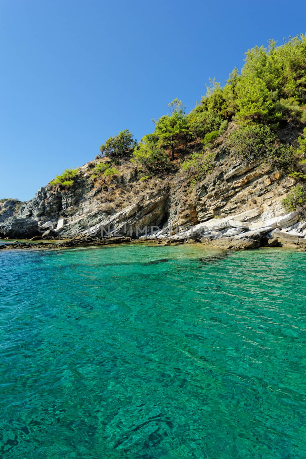 rocky beach with turquoise sea in greece thassos island