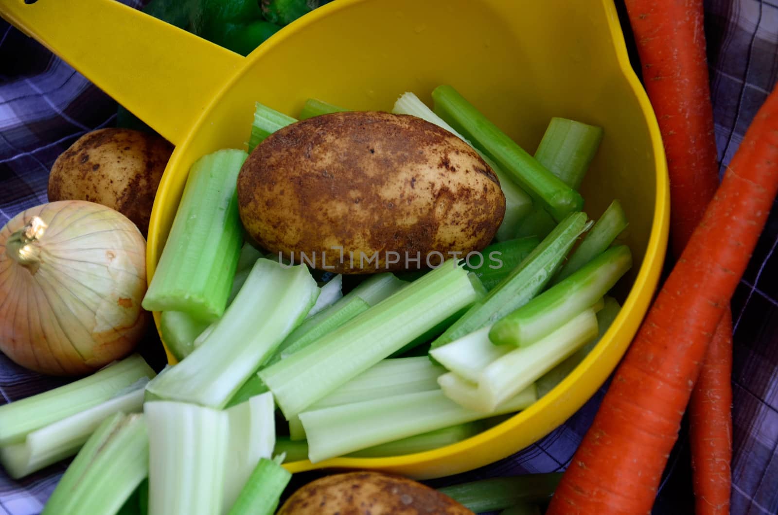 Potatoes, carrots, celery, and an onion