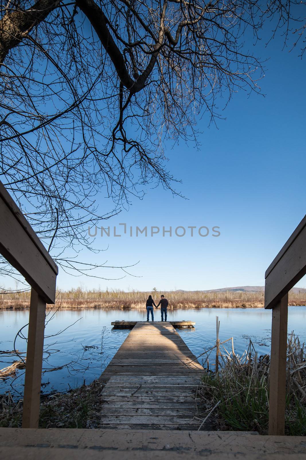 Couple standing on a wooden deck besides a lake and holding hands
