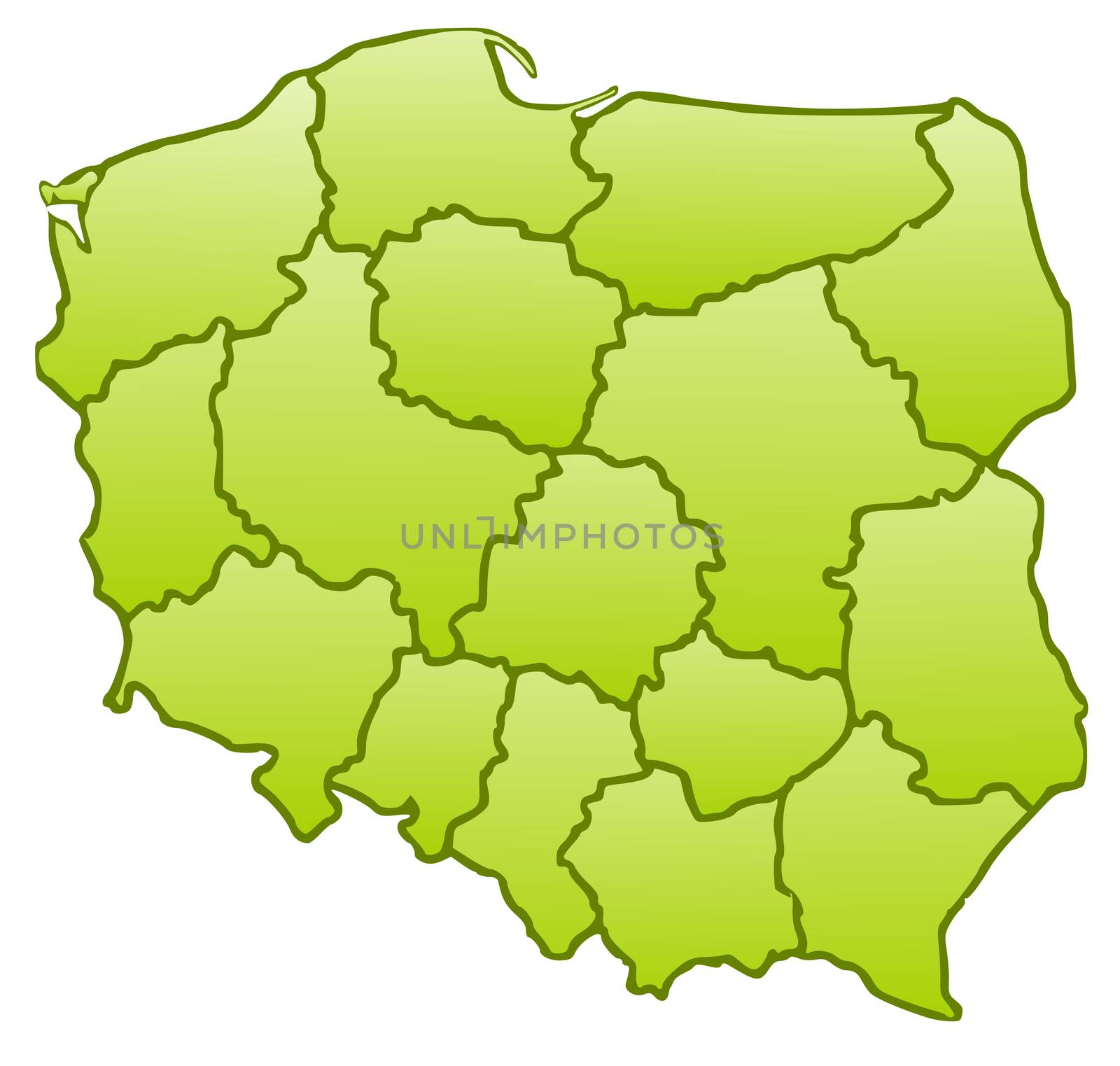 Map of Poland in a green color isolated on a white background with 16 voivodeships.