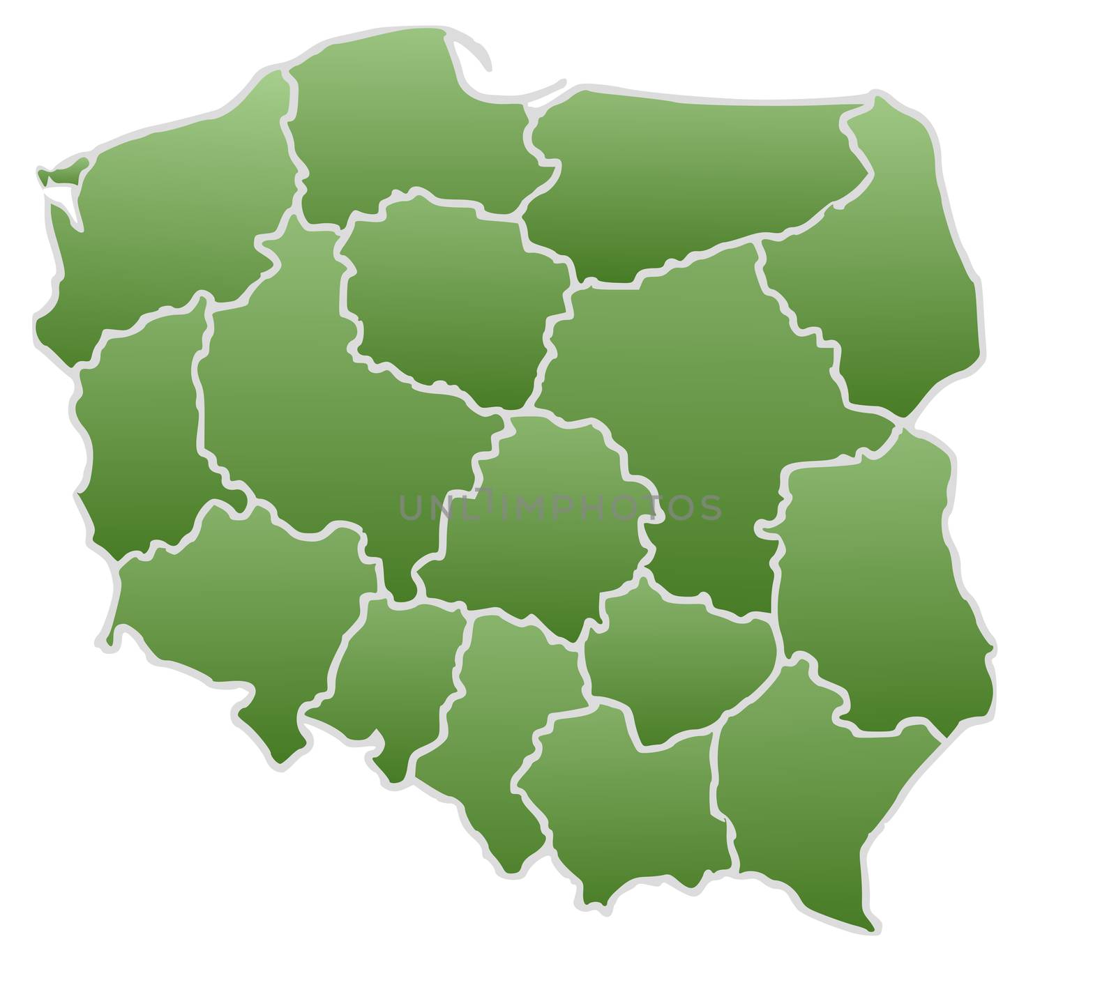 Map of Poland in a green color isolated on a white background with 16 voivodeships