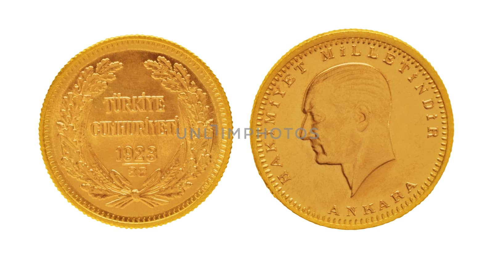 One hundred Kurush gold turkish coin. Isolated with path on white background