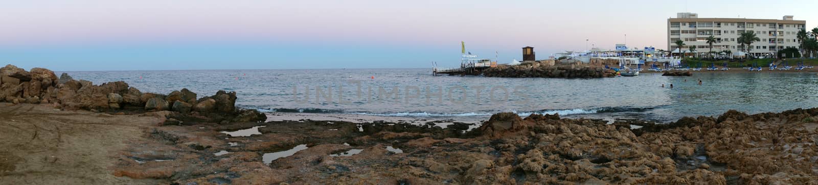 Panorama of the sea coast of Cyprus in the evening                               