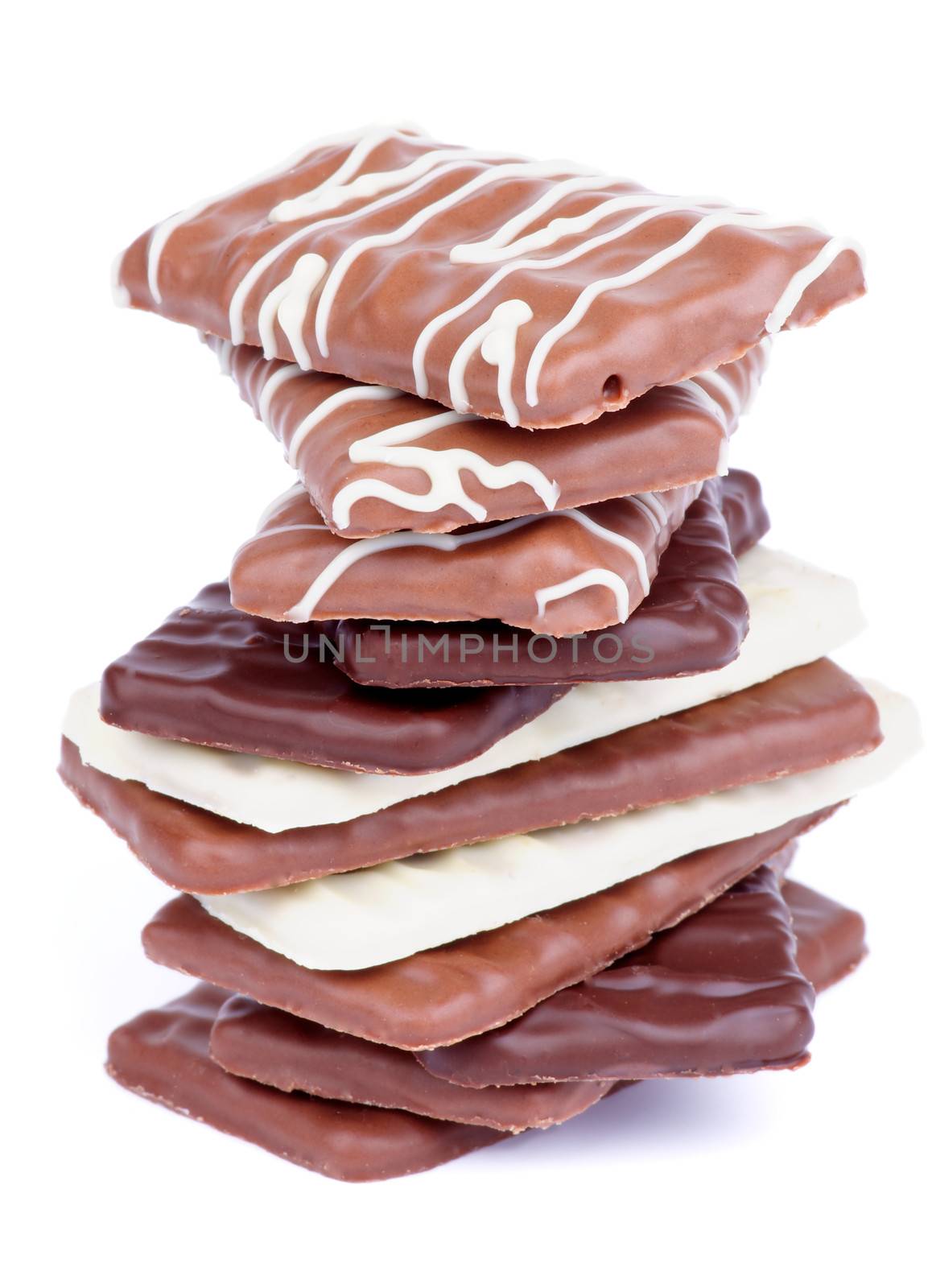 Pile of Chocolate Biscuits with Dark, Milk and White Chocolate Glazed isolated on white background