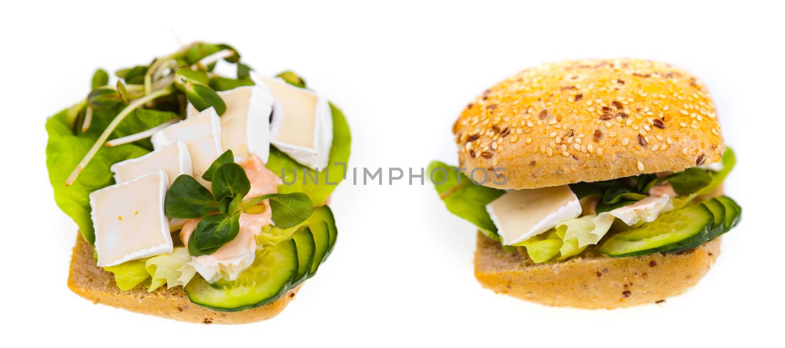Delicious and healthy sandwich - two photos isolated on white