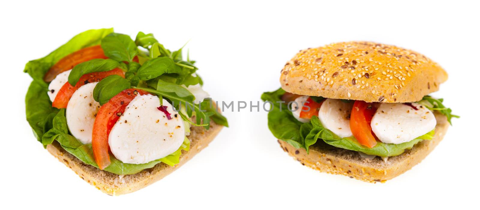 Delicious and healthy sandwich - two photos isolated on white