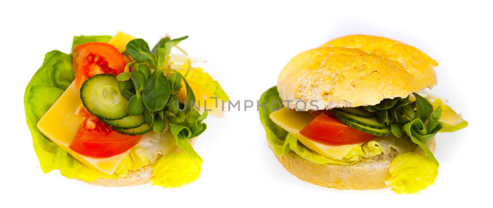 Delicious and healthy sandwich - two photos isolated on white