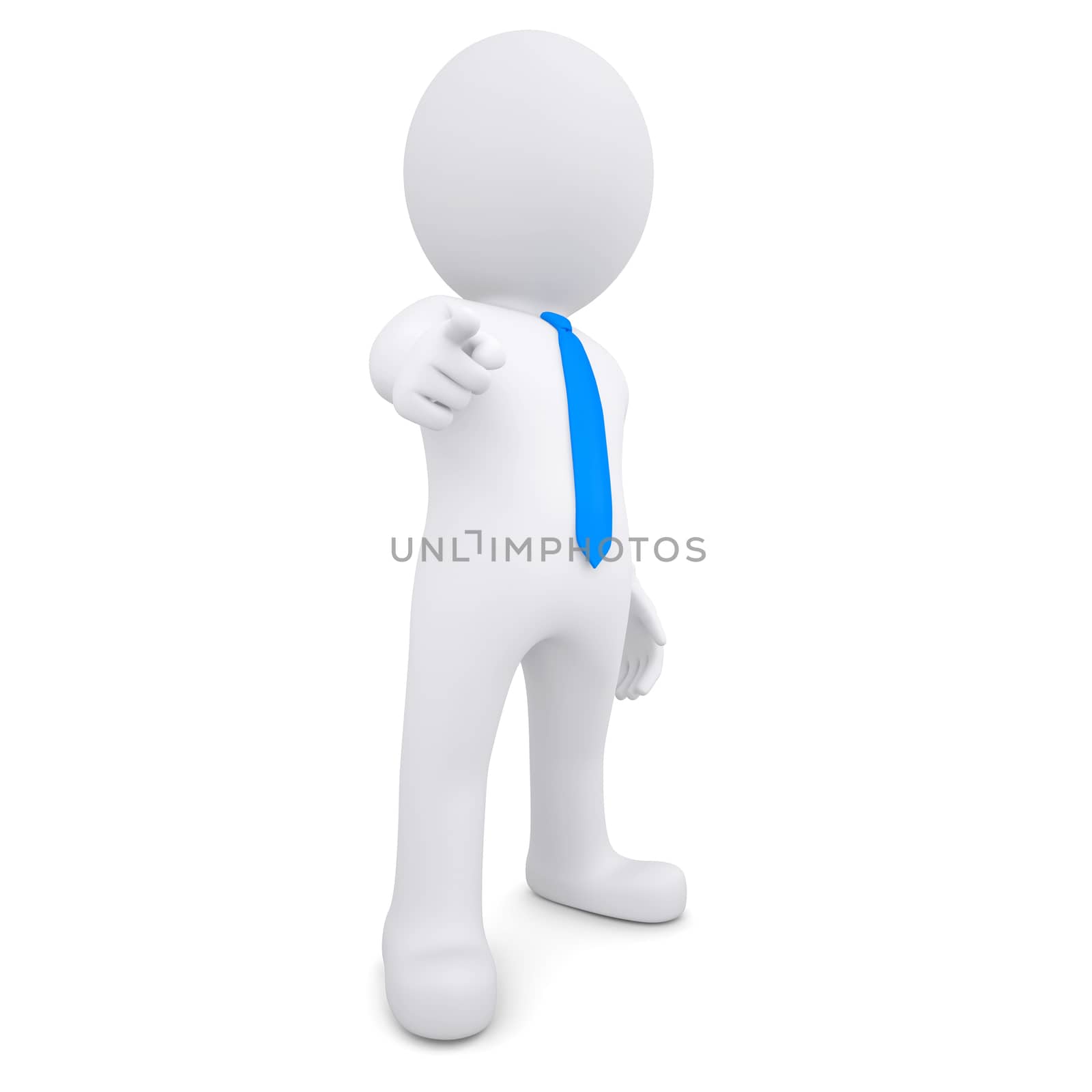 3d white man points his finger at the viewer. Isolated render on a white background