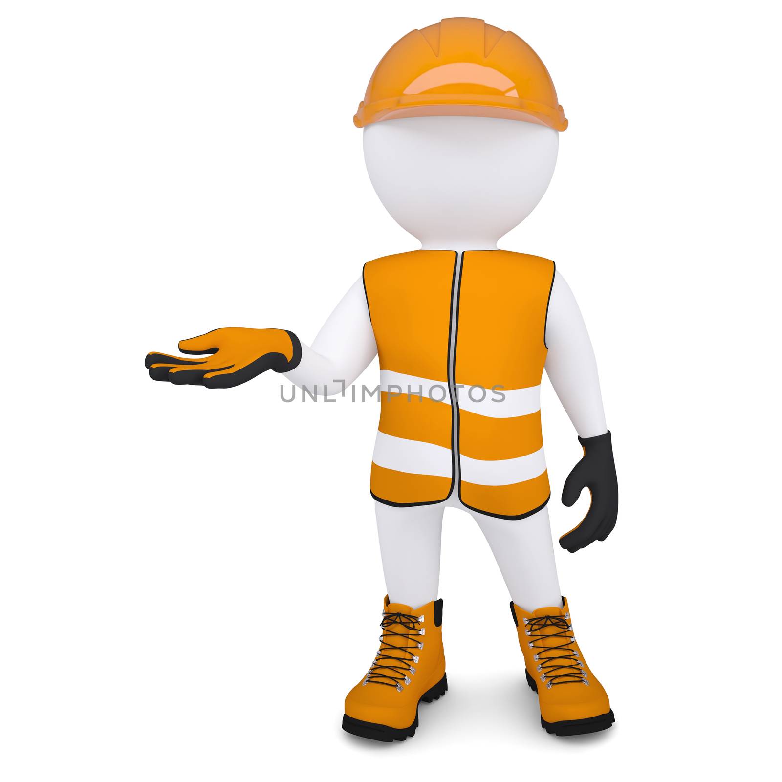 3d white man in overalls picked up an empty hand. Isolated render on a white background