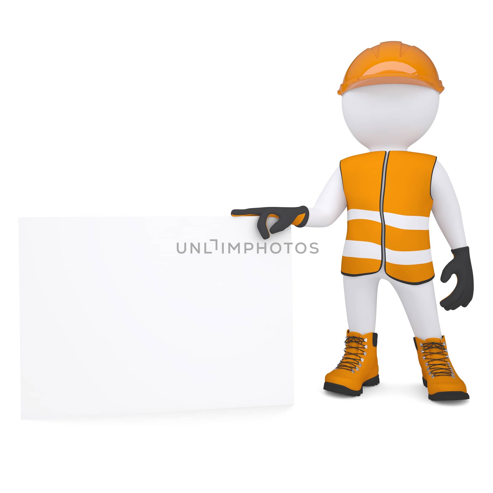 3d white man in overalls holding a blank business card. Isolated render on a white background
