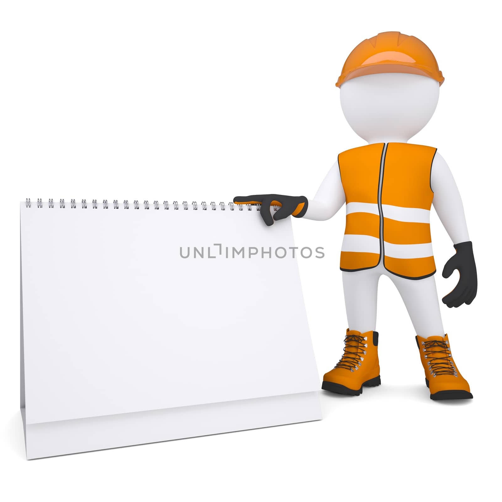 3d white man in overalls holding a calendar. Isolated render on a white background