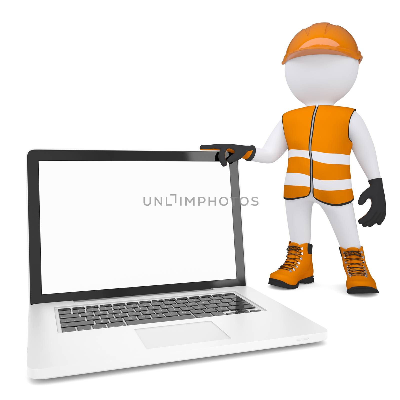 3d white man in overalls holding a laptop by cherezoff